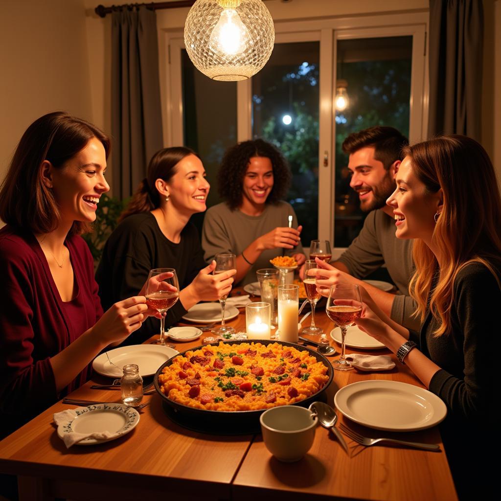 A Spanish family enjoys a traditional paella dinner together in their welcoming ciudad hom.