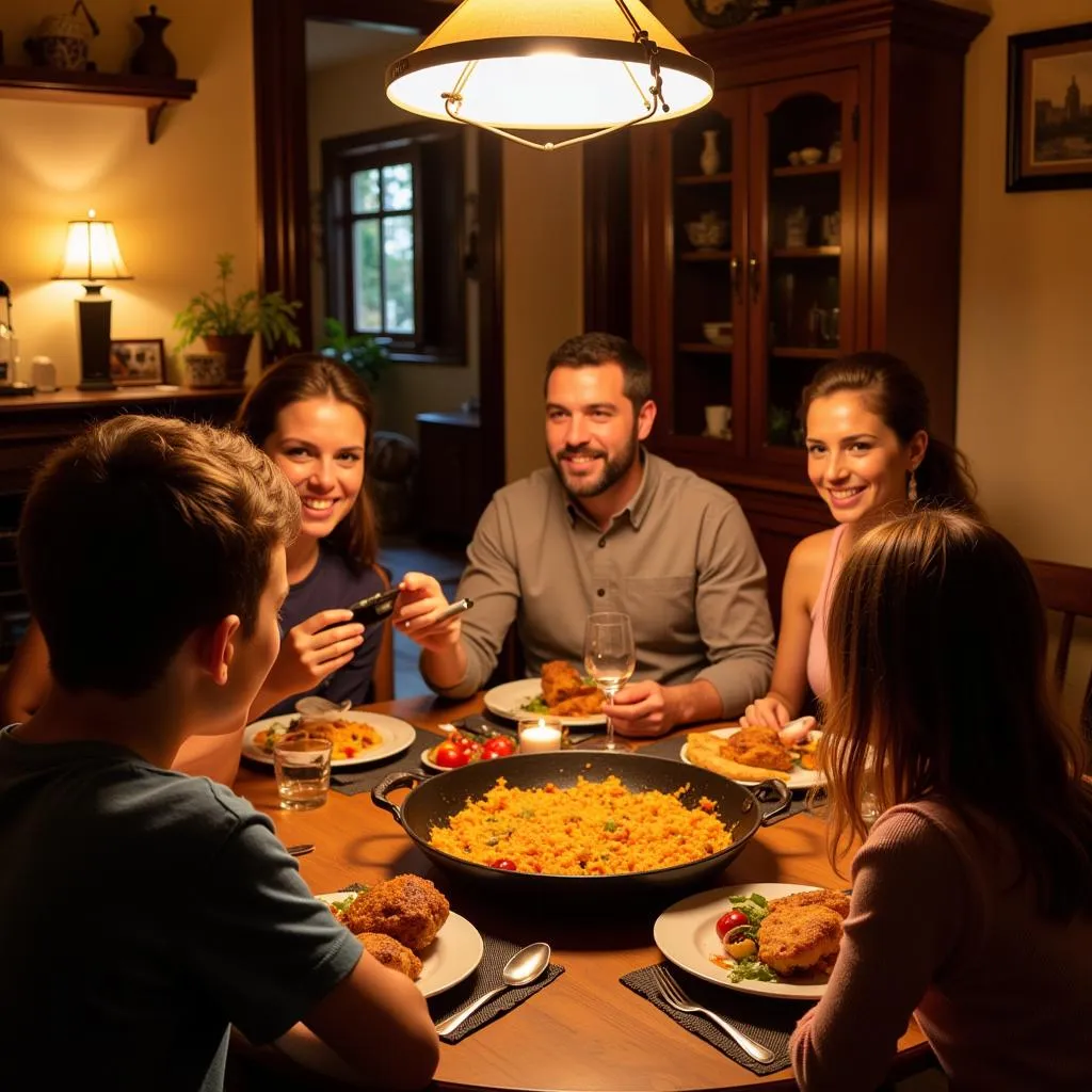 Spanish family enjoying paella dinner in cozy home