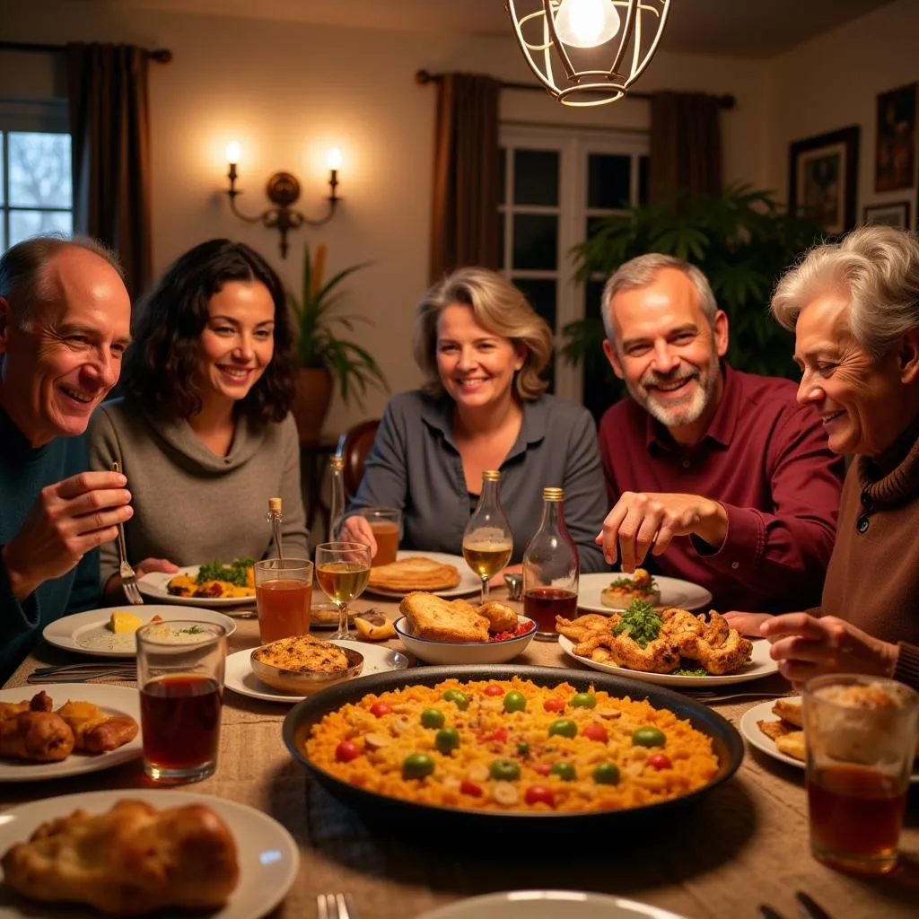 Spanish family enjoying paella dinner in a cozy home