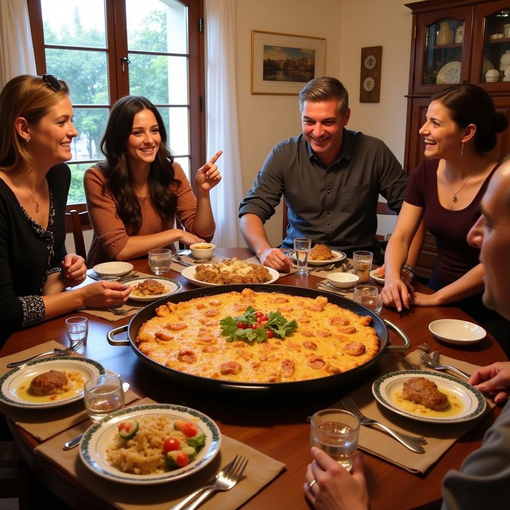 A heartwarming scene of a Spanish family enjoying a traditional paella dinner together in their cozy home. The atmosphere is warm, inviting, and filled with laughter.