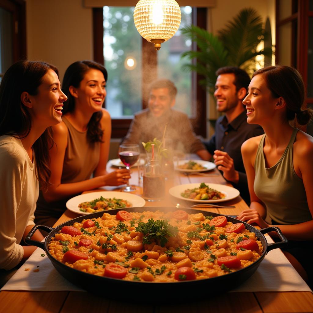 Family enjoying paella in a cozy Spanish home