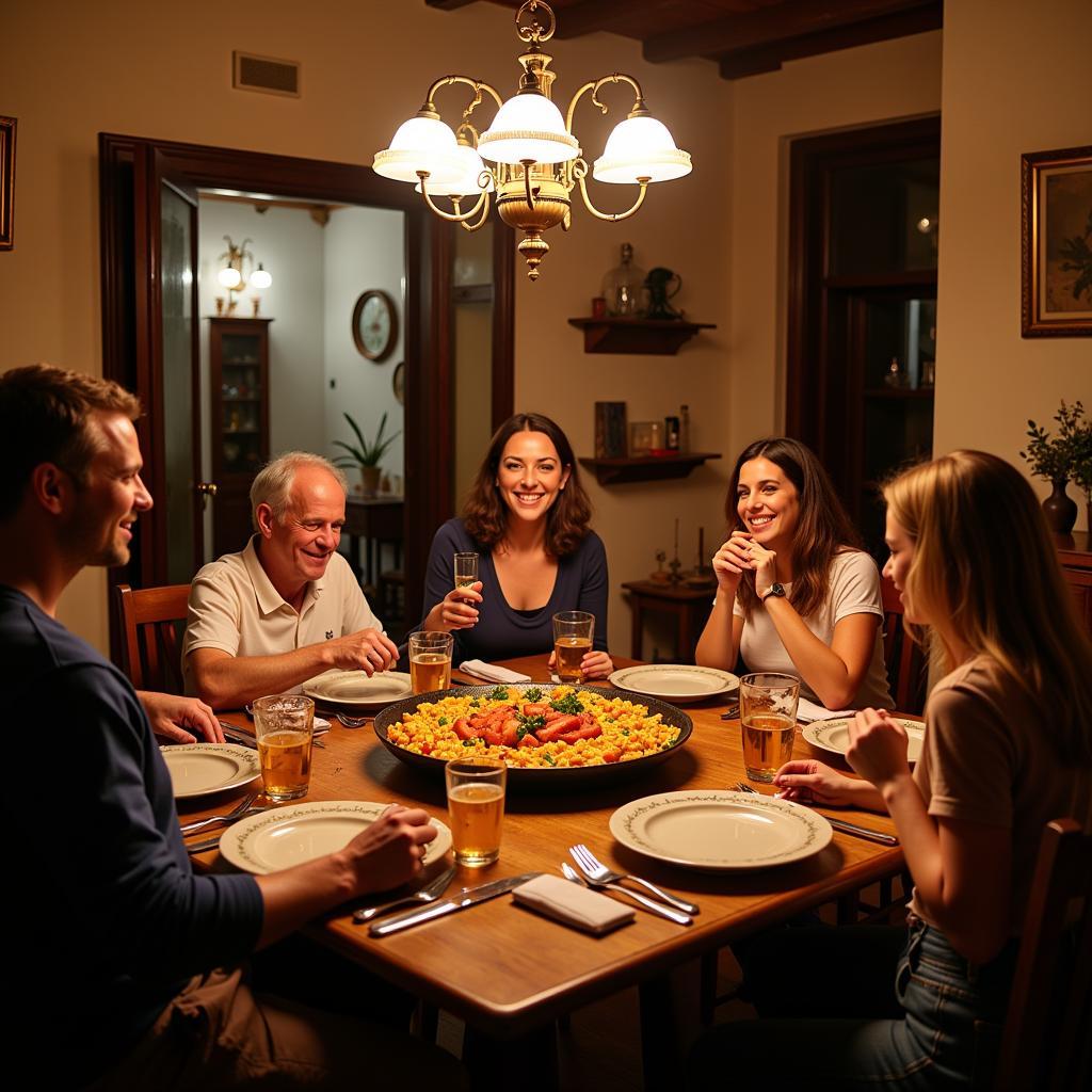 Spanish Family Enjoying Paella Dinner in Cozy Home