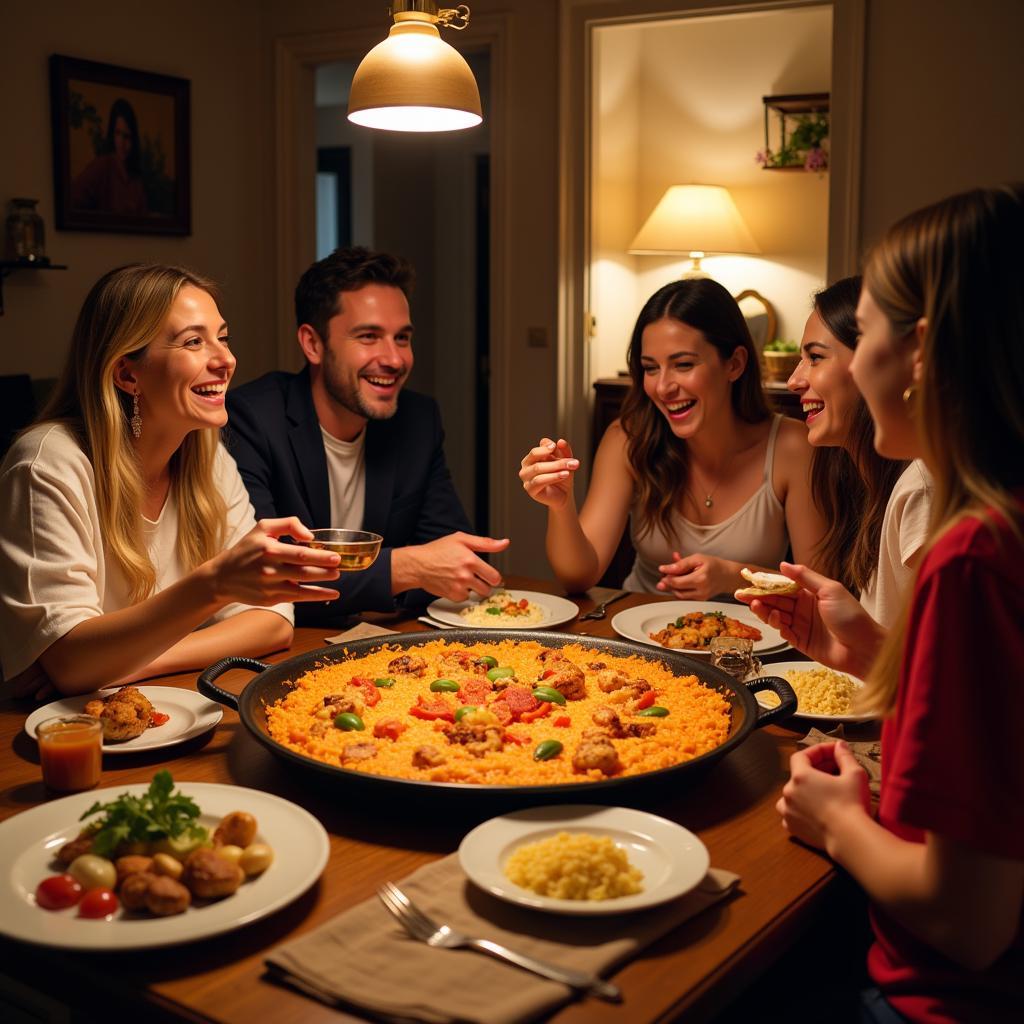 Family enjoying paella in a Girasol Home