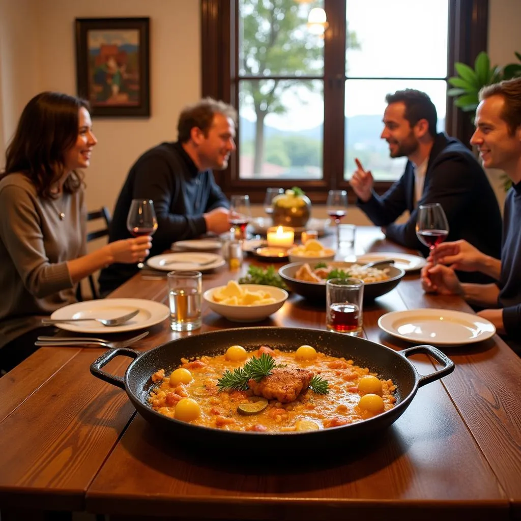 Spanish family enjoying paella dinner