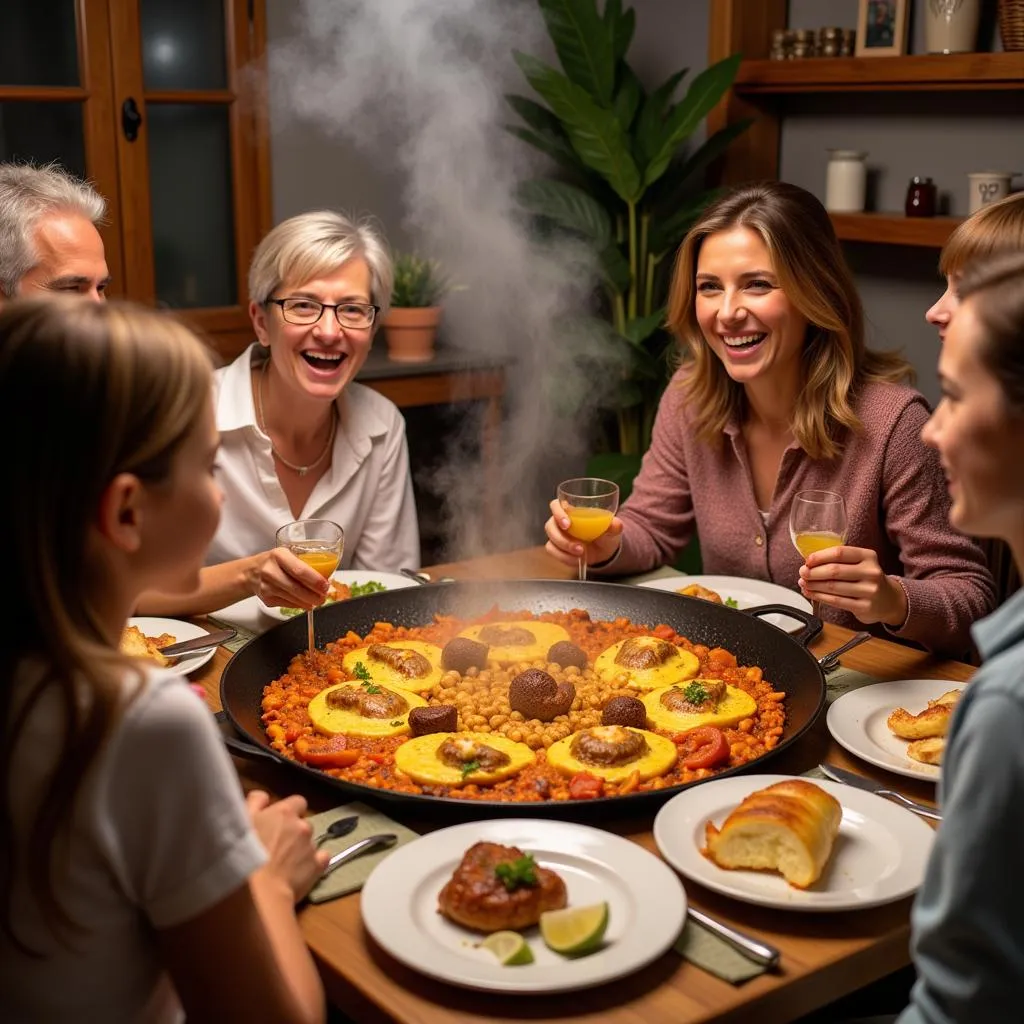 Spanish family enjoying paella dinner together