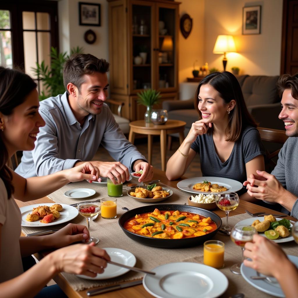 A Spanish family gathered around a table laden with paella, laughter filling the air of their acogedora "afectados neinor home".