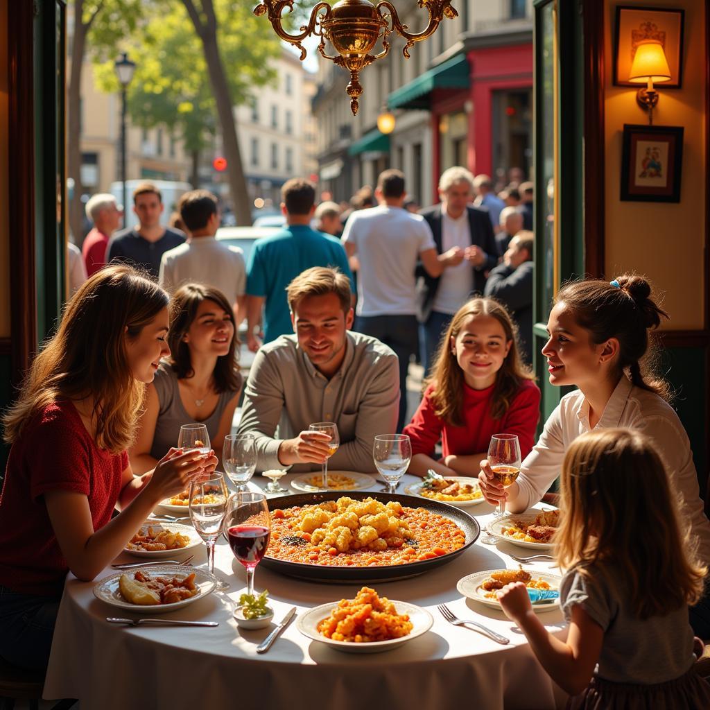 A Spanish family enjoying paella in a Barcelona restaurant