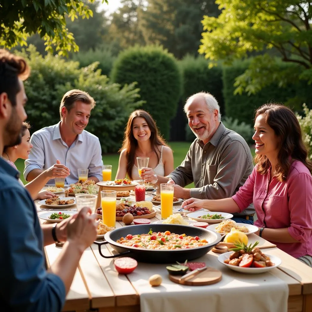 Lively Spanish Family Sharing a Paella Lunch in their Garden