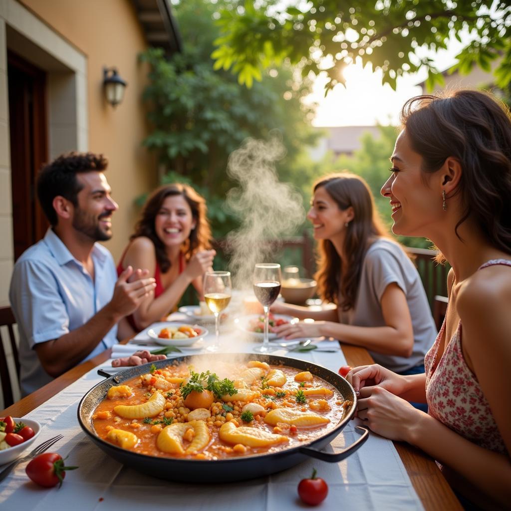 Family enjoying traditional paella lunch in a Spanish home