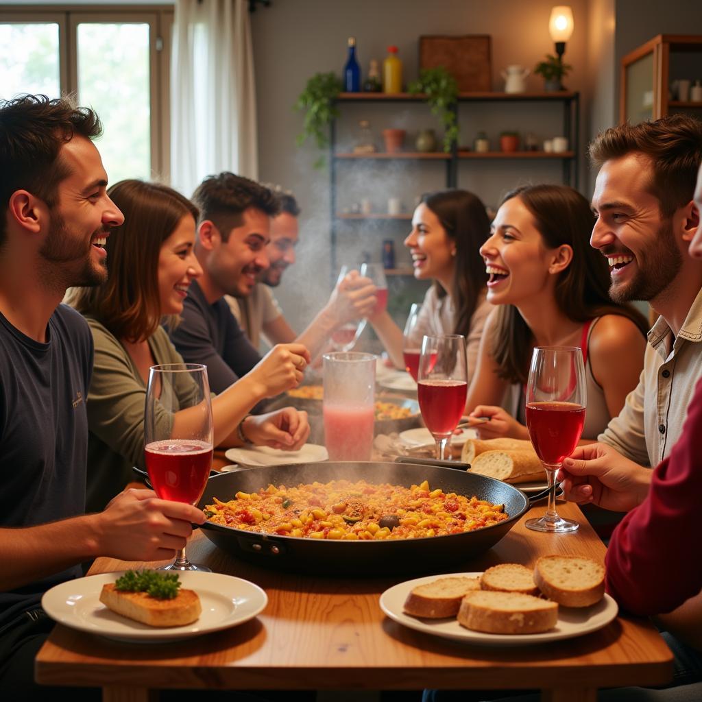 A multi-generational Spanish family gathers around a table to share a paella lunch filled with laughter and conversation.