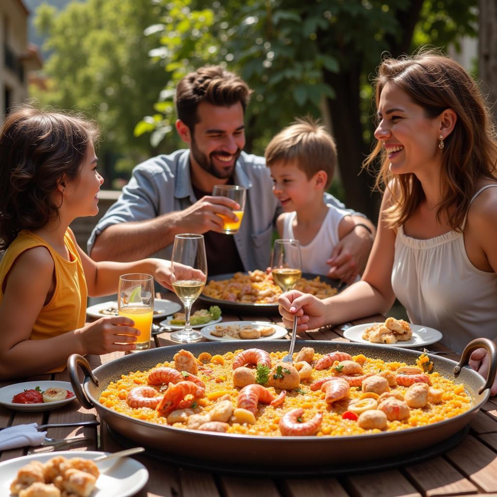 A multi-generational Spanish family gathered around a table on a sun-drenched patio, sharing a paella lunch and lively conversation.