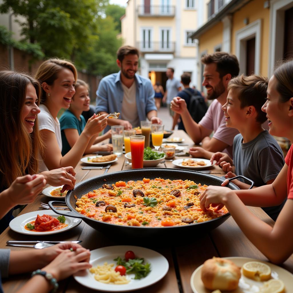 Spanish family enjoying paella meal