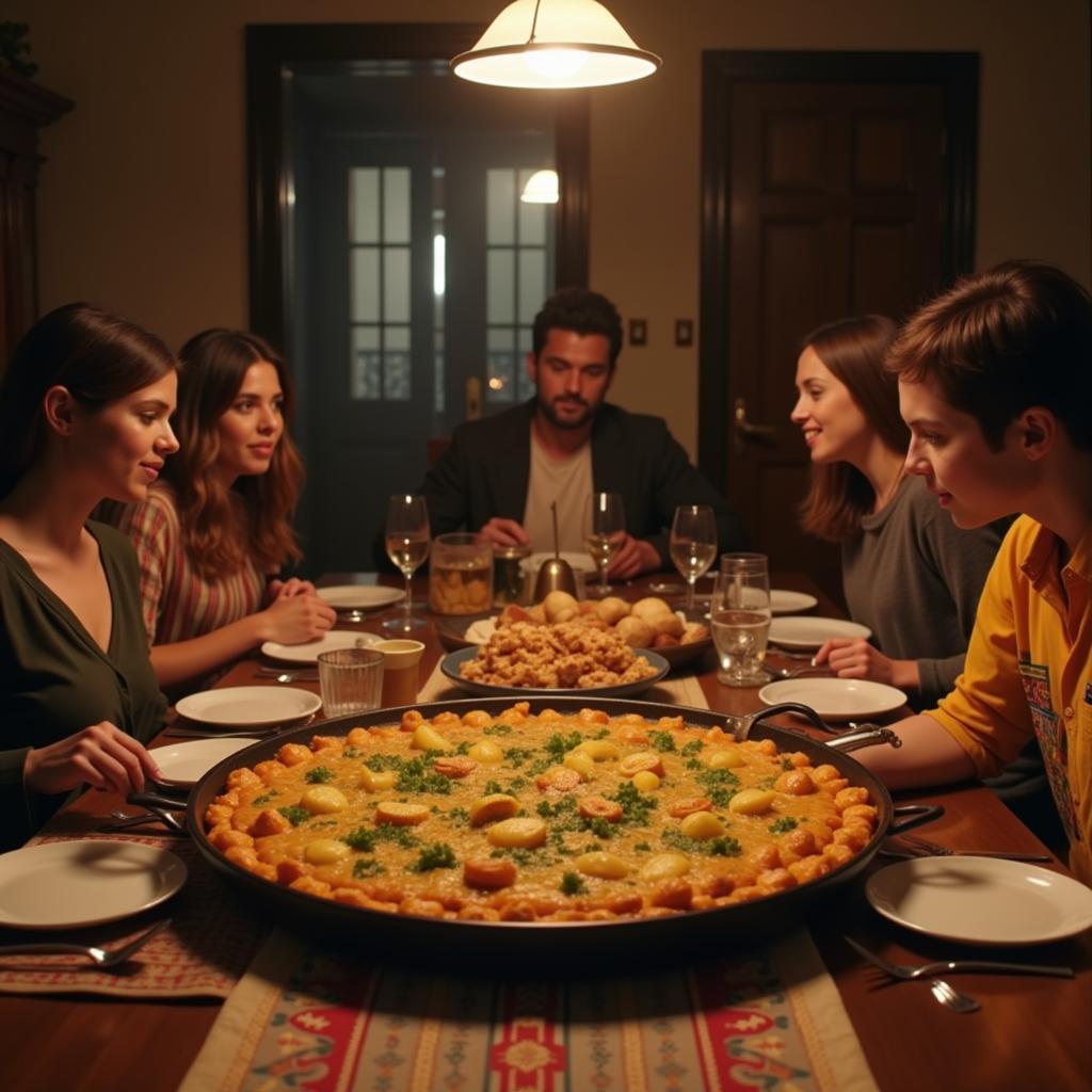 Family enjoying a traditional paella meal