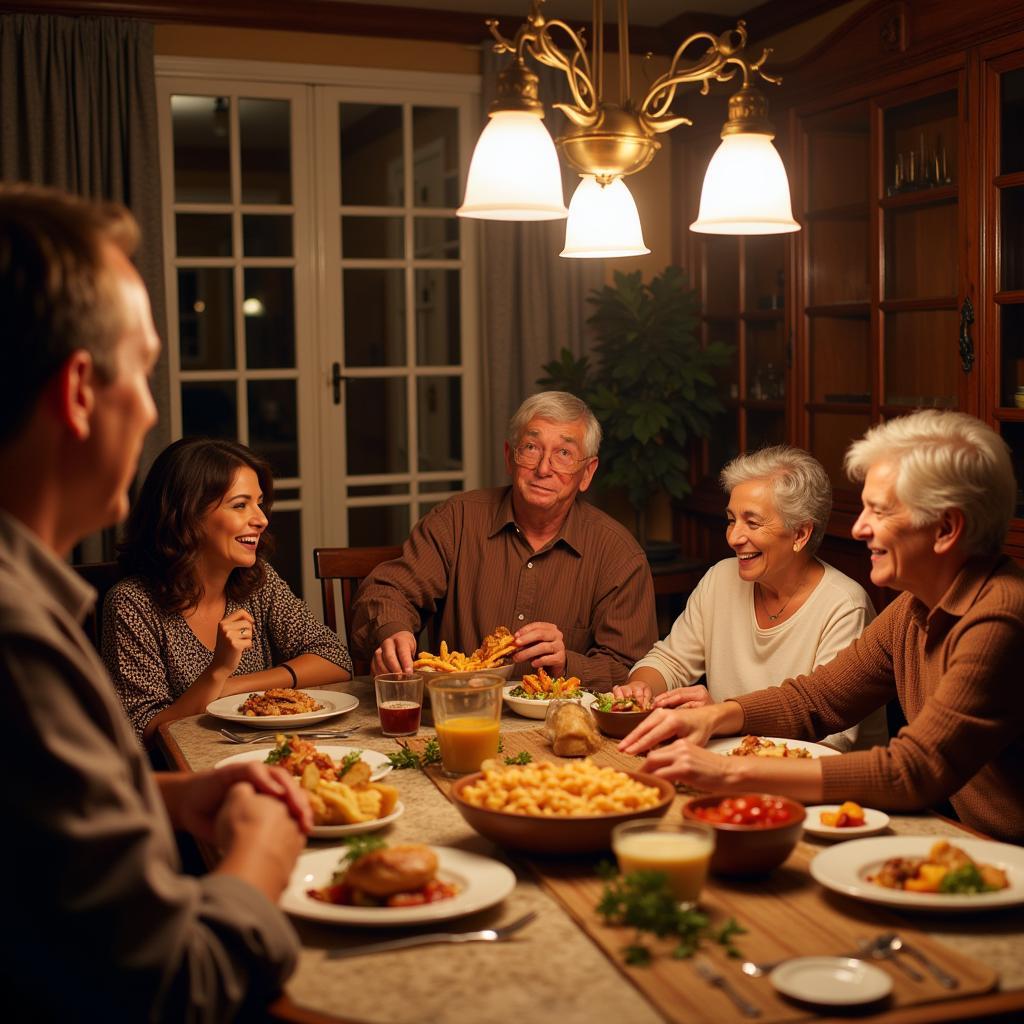 A Spanish family gathered around a table laden with paella, enjoying a meal on a sun-drenched terrace