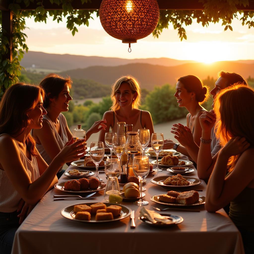 Family Enjoying Paella on an Outdoor Terrace