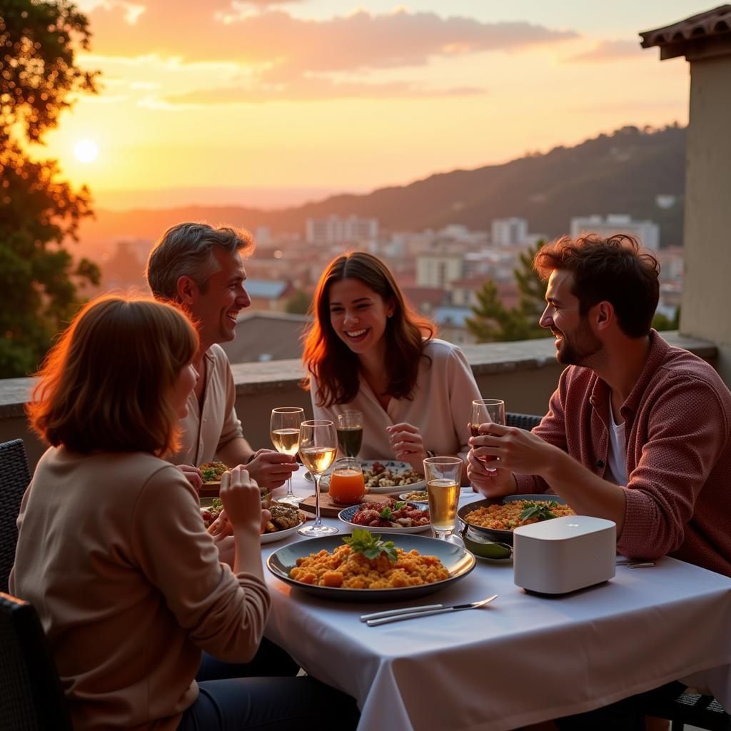 Spanish Family Enjoying Paella with Siri Playing Music