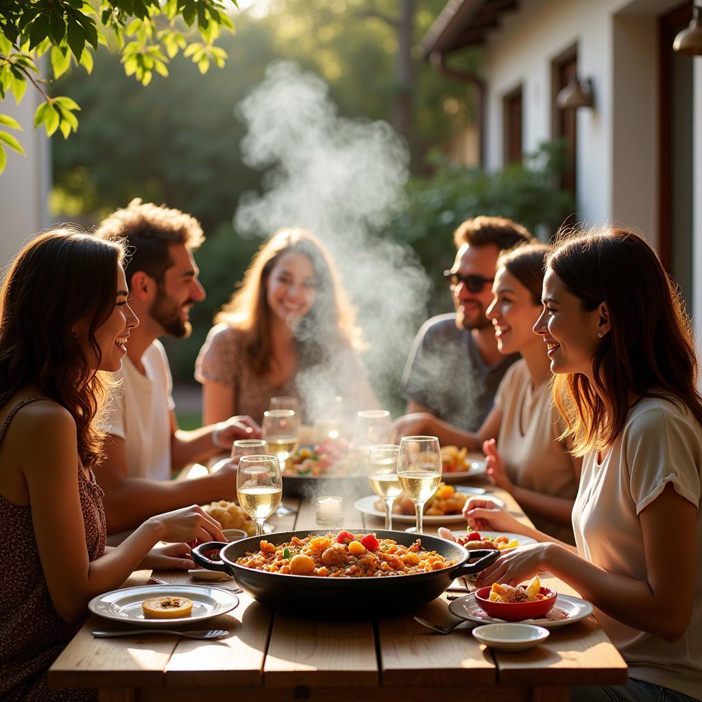 Spanish family enjoying paella with Zara Home bolsa porta alimentos on the table