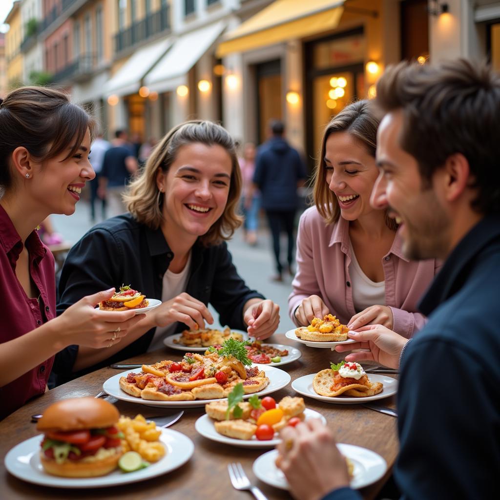 Family enjoying tapas in a lively Spanish plaza