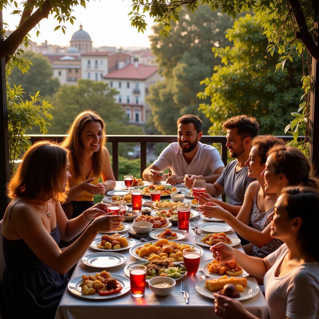 A family laughs and eats tapas together at an outdoor cafe in Barcelona.