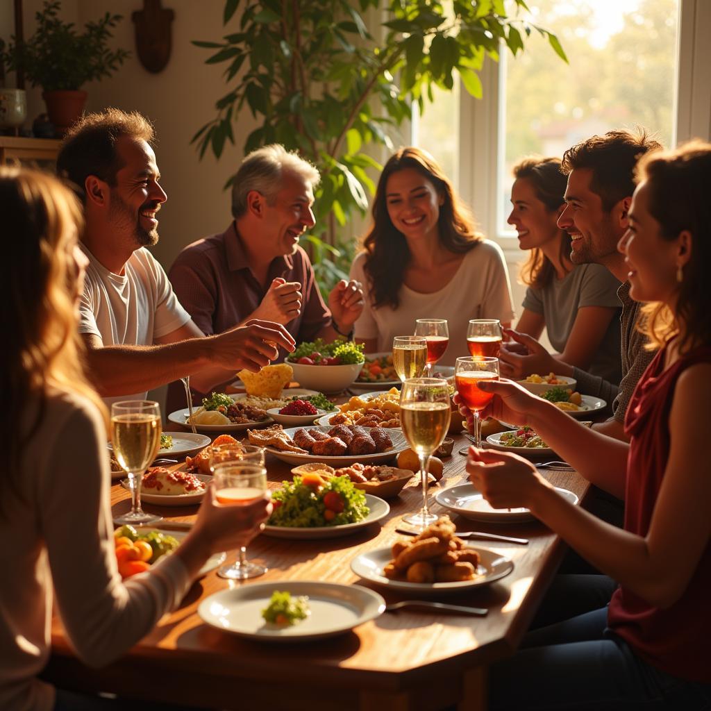 A Spanish family enjoying a lively meal together.