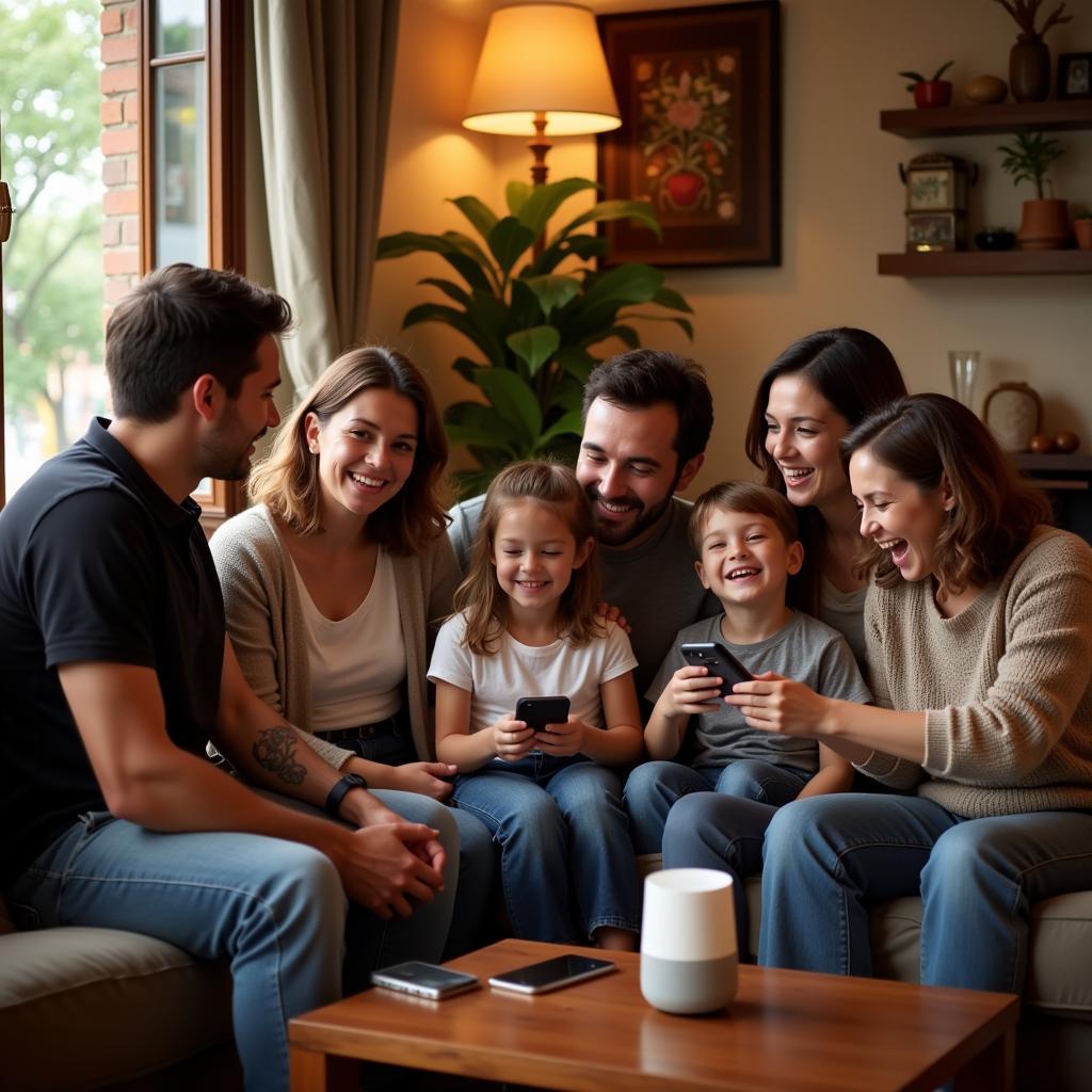 Spanish Family Enjoying Music with Google Home