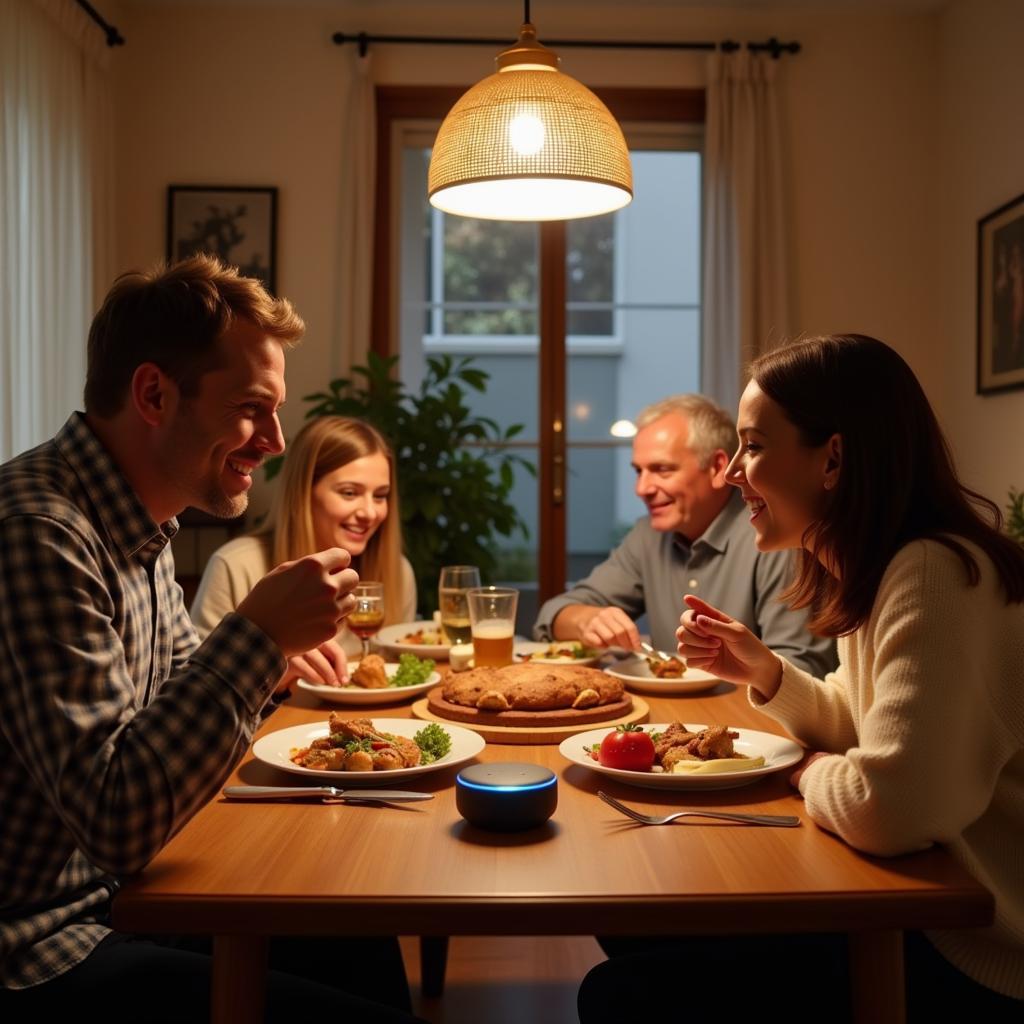 A Spanish family smiling and gathered around a table in their home, enjoying a traditional paella meal. A Google Home device is visible on a shelf in the background.