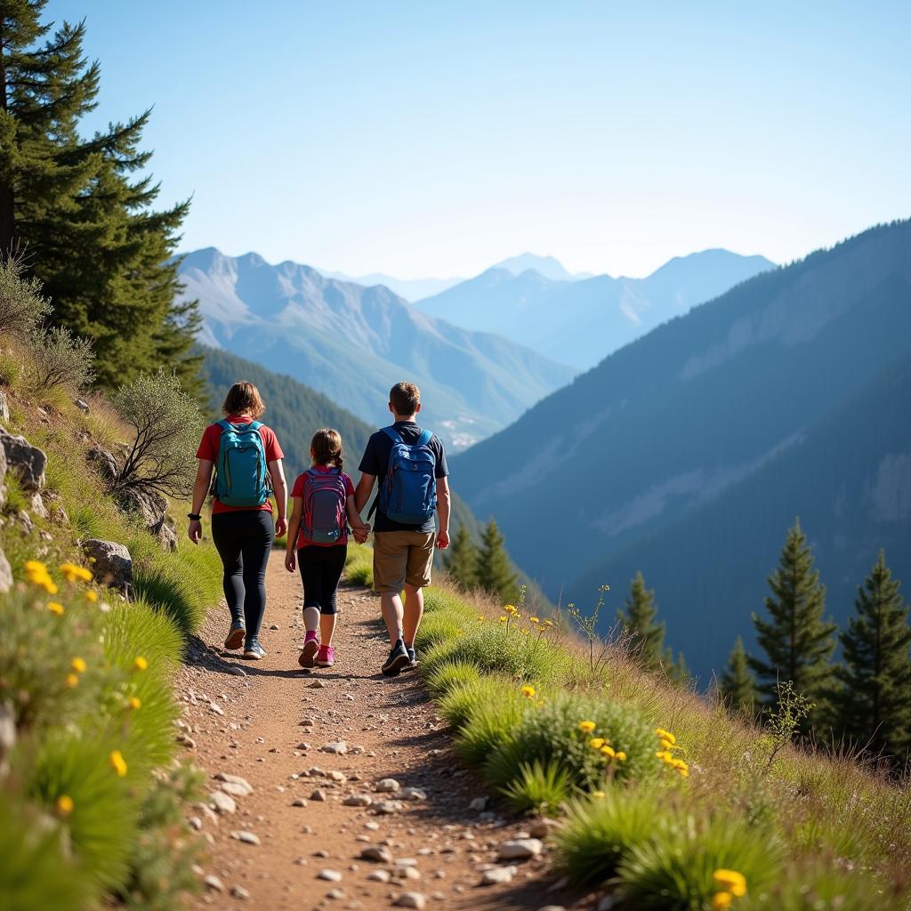 Family hiking in the Spanish mountains