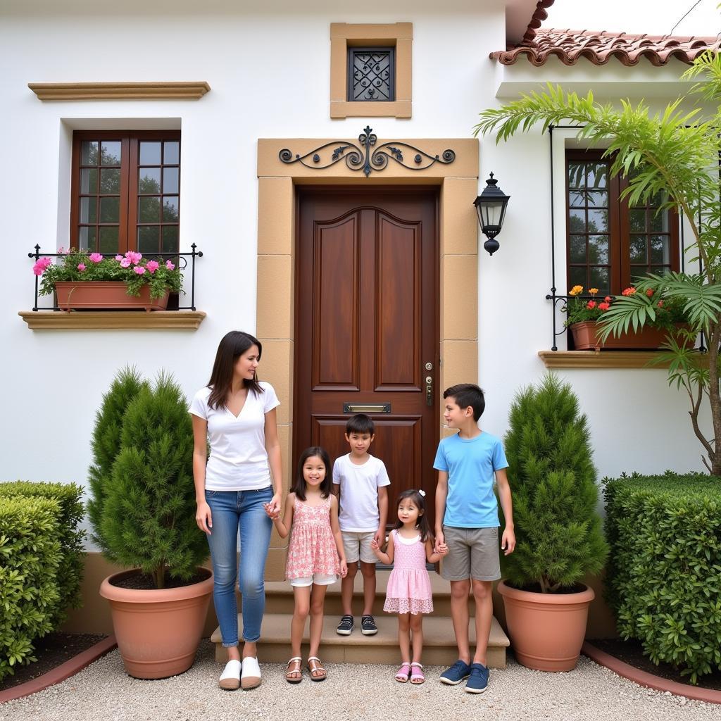 Smiling Spanish family in front of a traditional Andalusian home