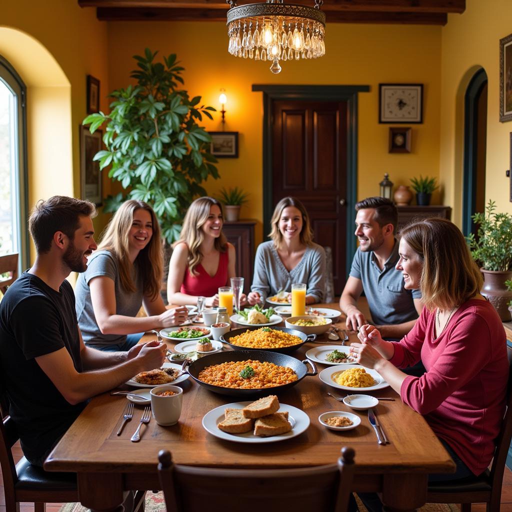 Family enjoying paella in a traditional Spanish home