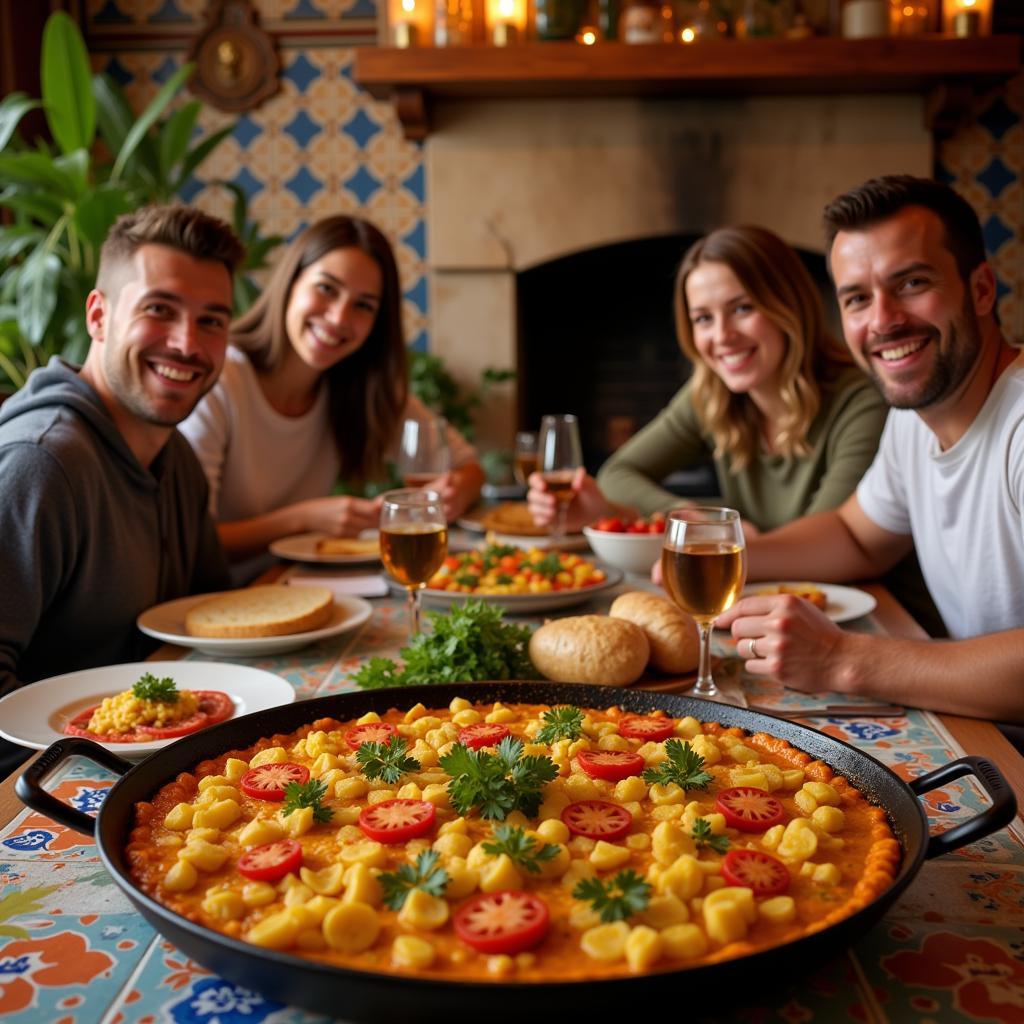 Family enjoying a home-cooked paella meal in a traditional Spanish kitchen