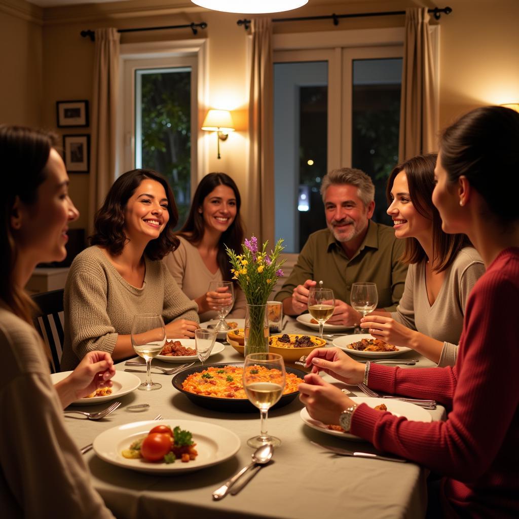 Spanish Family Enjoying Paella during Home Stay