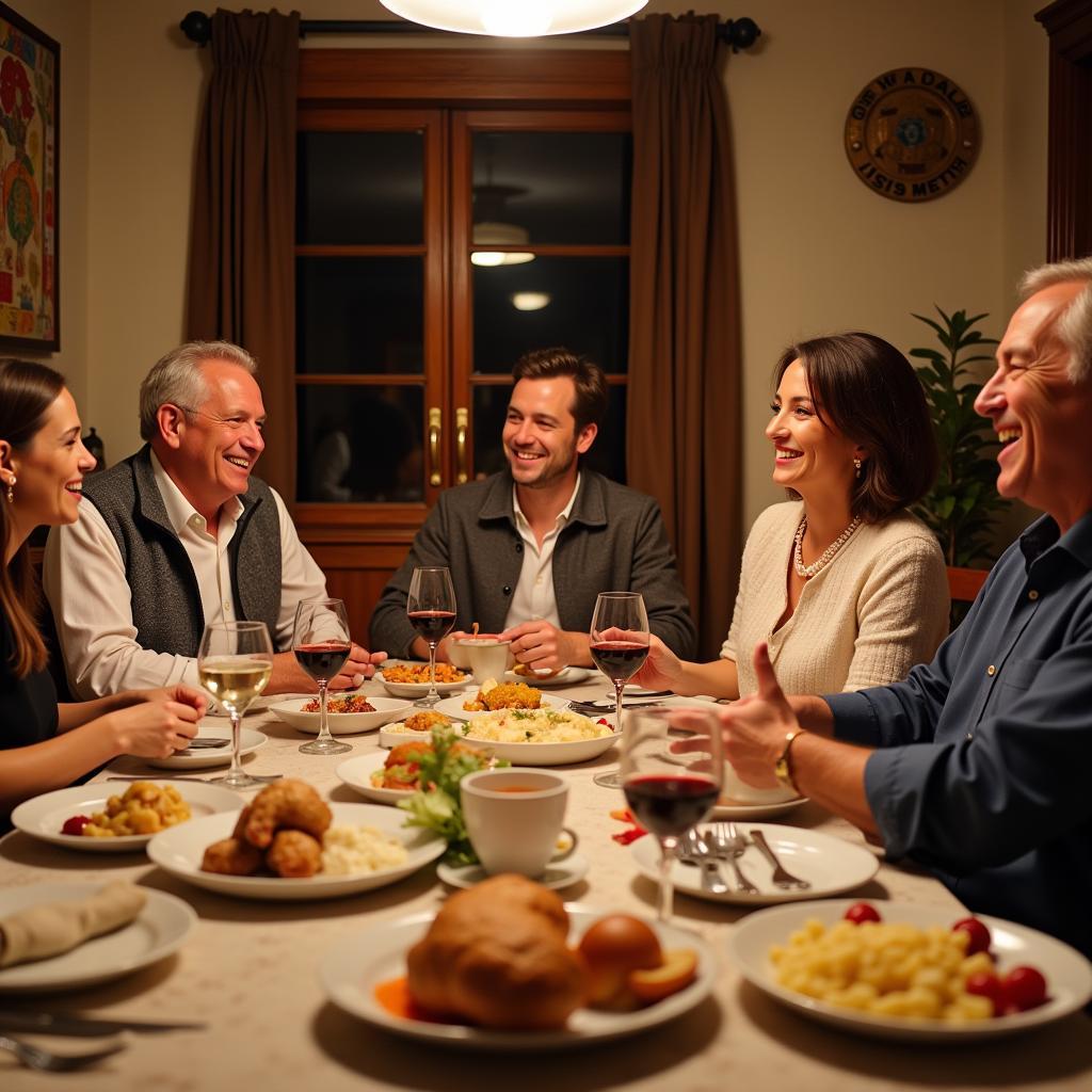 A family enjoying dinner with their Spanish host family