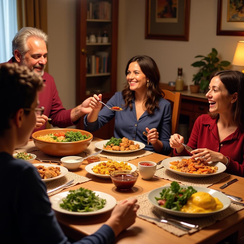 A Spanish family enjoys a meal with homestay guests in their home