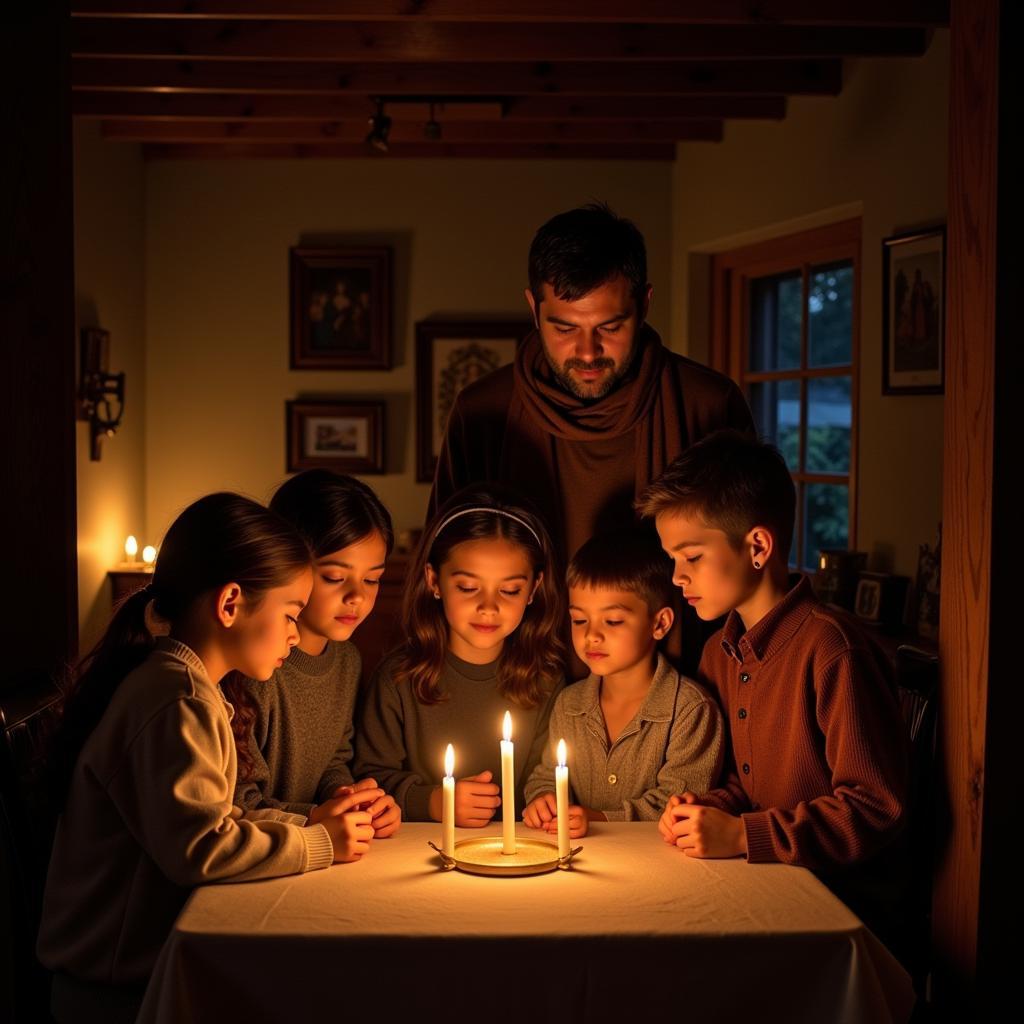 A Spanish family gathered in prayer inside their home chapel