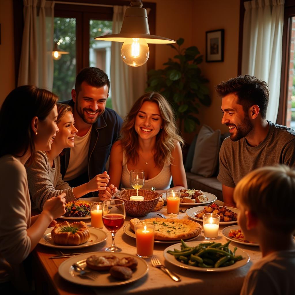 Family enjoying a meal together in Spain