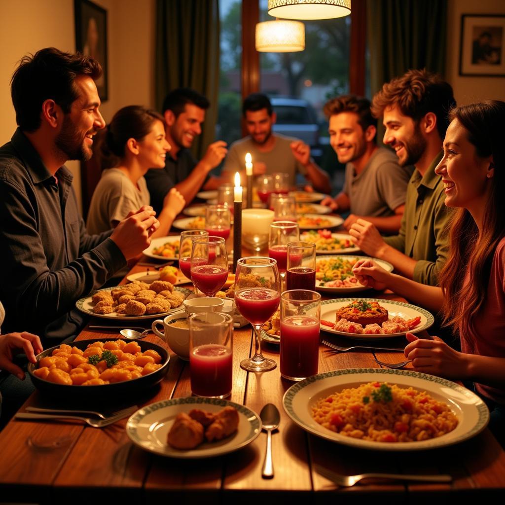 A multi-generational Spanish family sharing a lively meal together