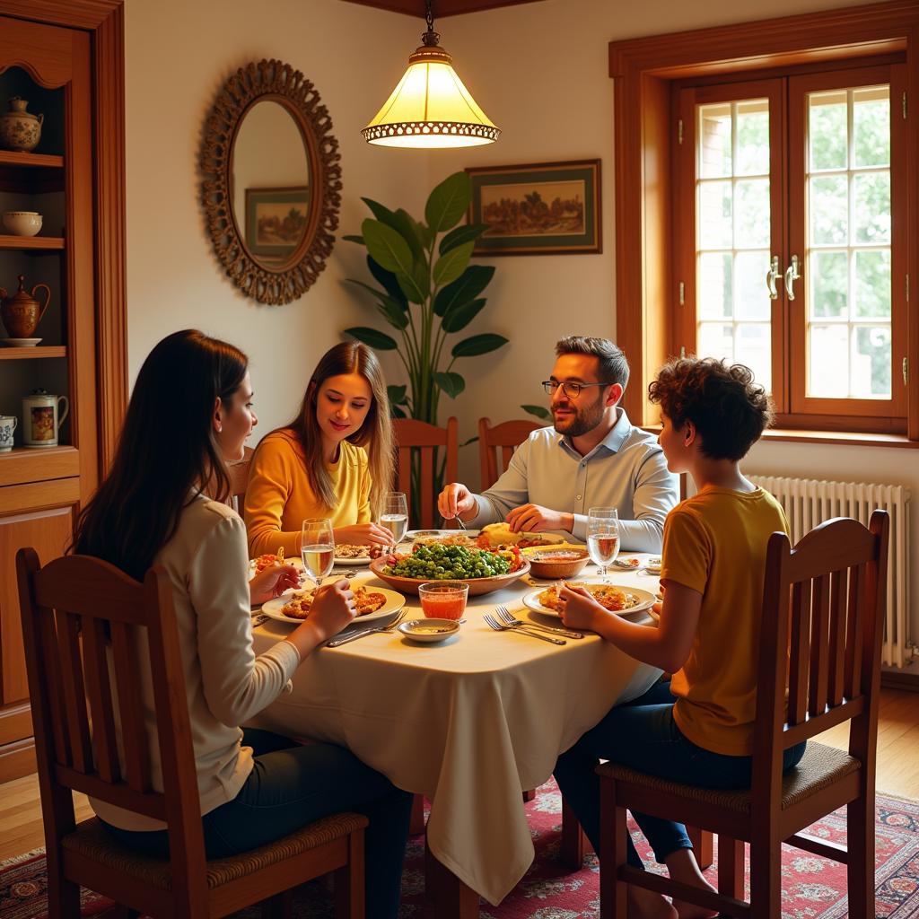 Family enjoying a meal together in Spain