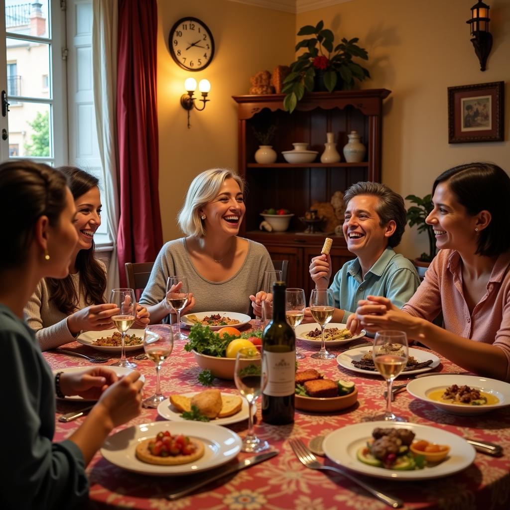 Family enjoying a meal together in a traditional Spanish home