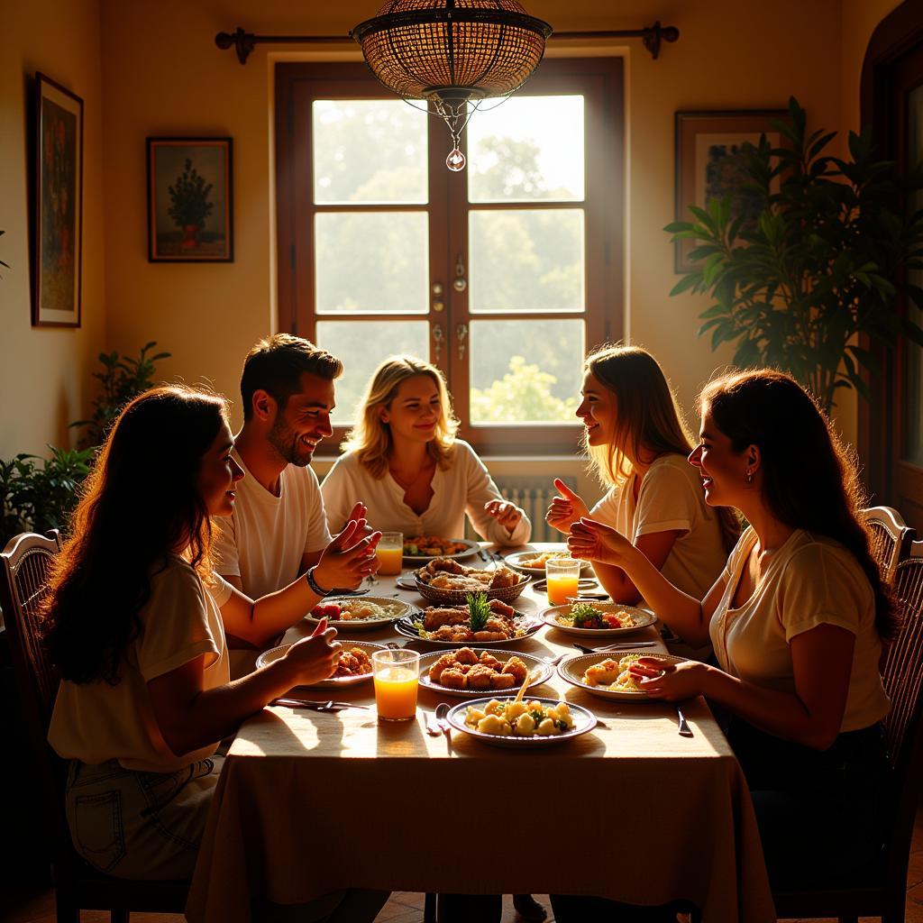 Family enjoying a traditional Spanish meal together 