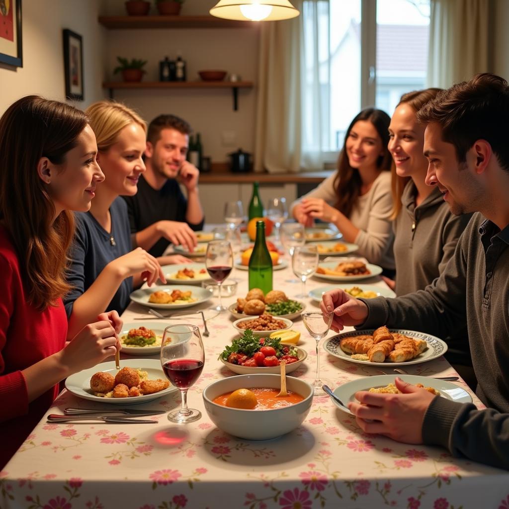 A warm and inviting scene of a family enjoying a meal together in a Spanish home