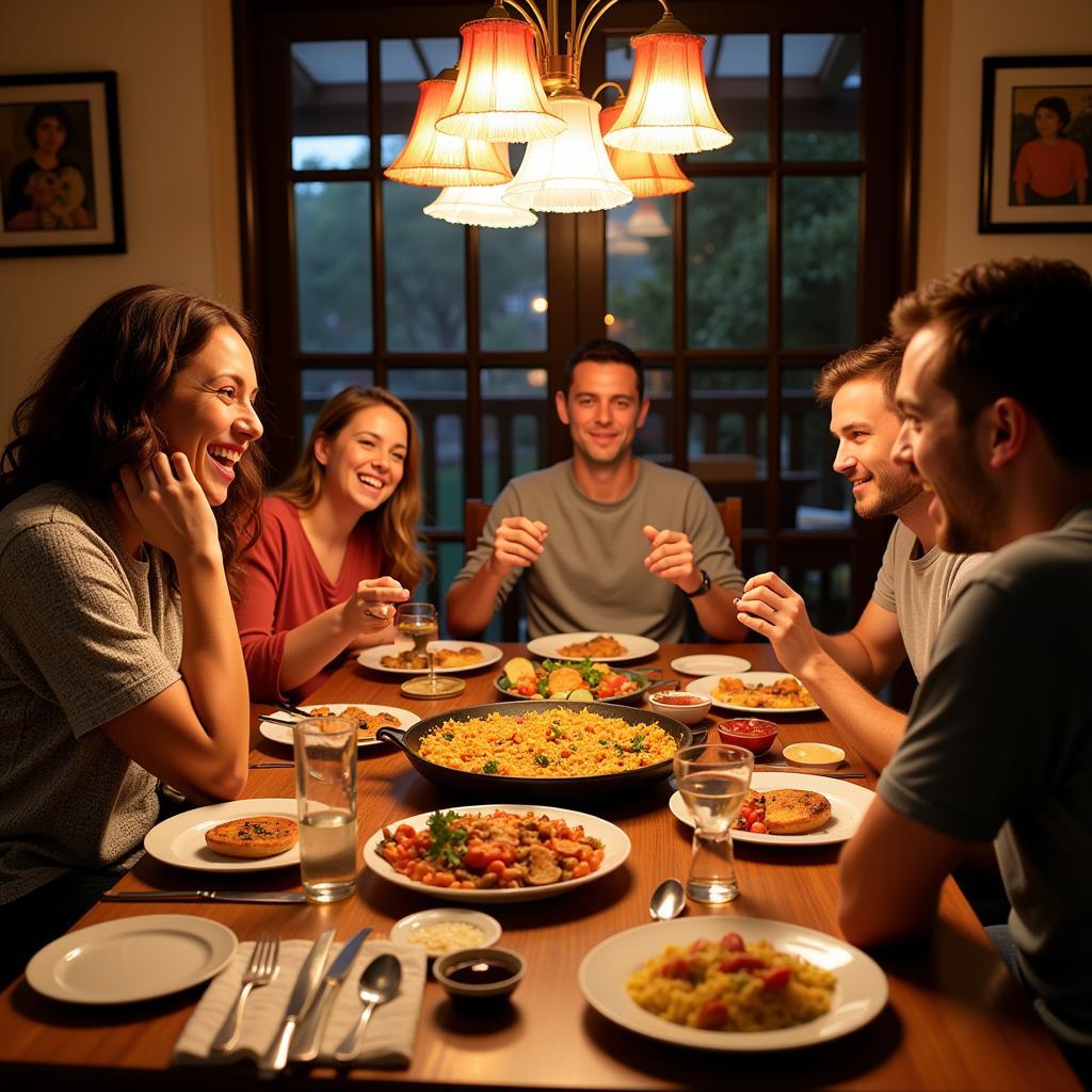 A family enjoys a traditional Spanish meal together