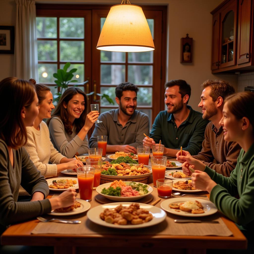 Family enjoying a meal in a traditional Spanish kitchen