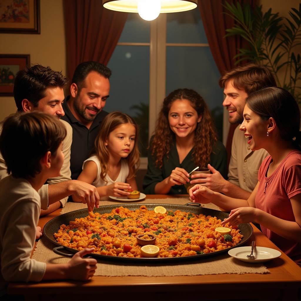 family enjoying paella in a spanish home