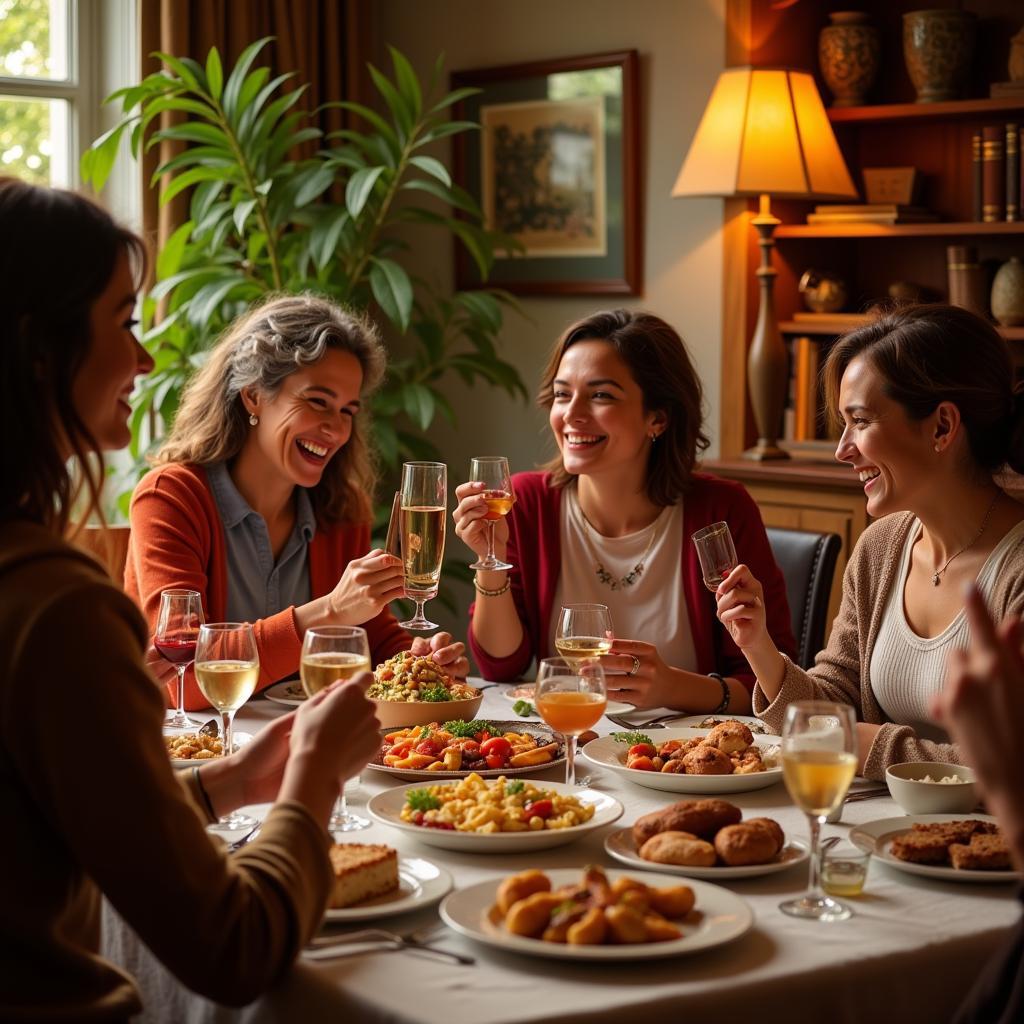 A Spanish family gathered around a table, sharing a meal and laughter