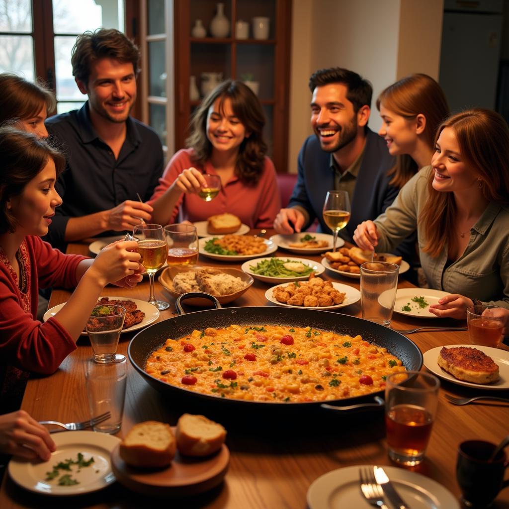 Family sharing a traditional paella meal