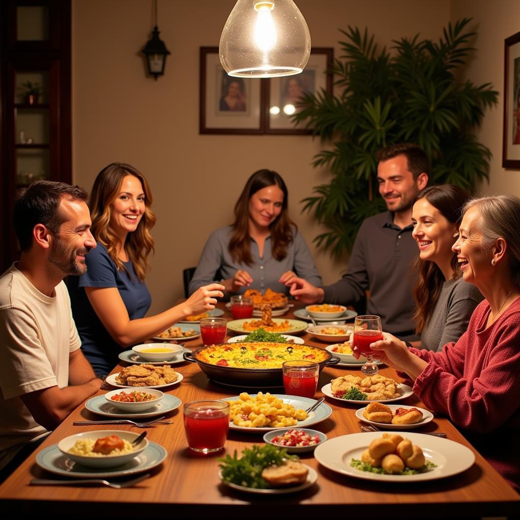 A Spanish family enjoying a meal together around a table laden with traditional dishes