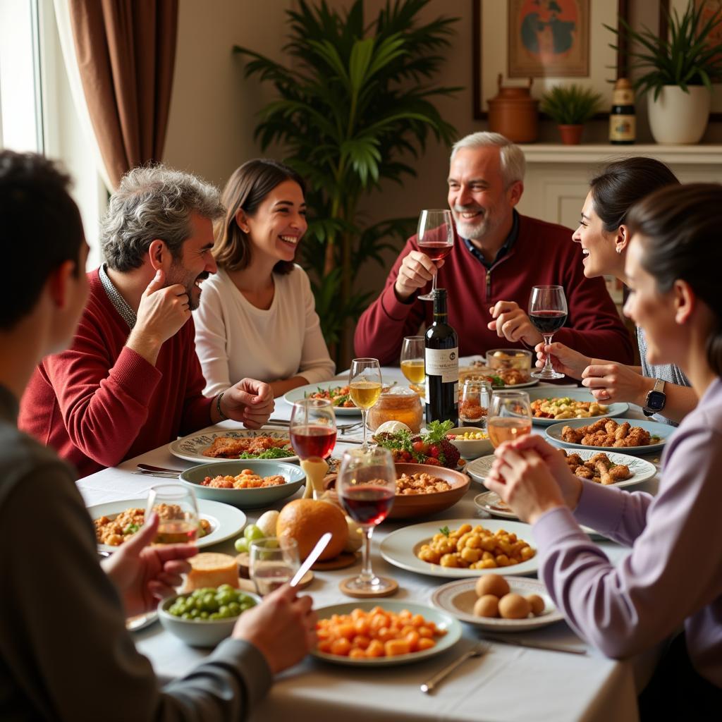 A Spanish family enjoys a meal together.