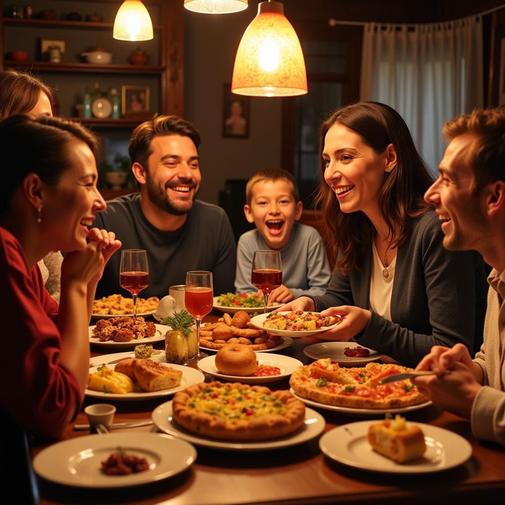 Family enjoying a meal together in Spain