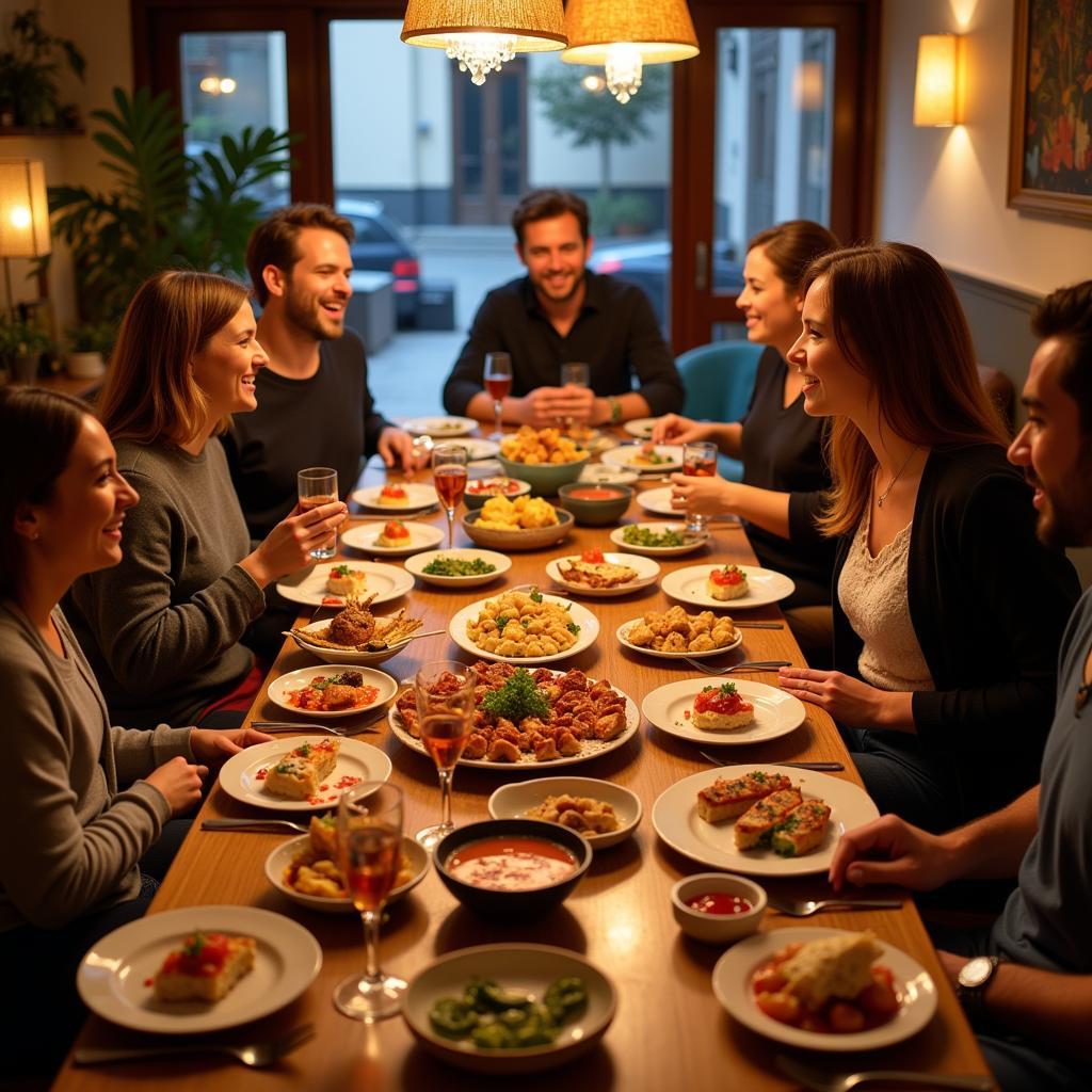 Enjoying a traditional Spanish meal with a local family in their home.