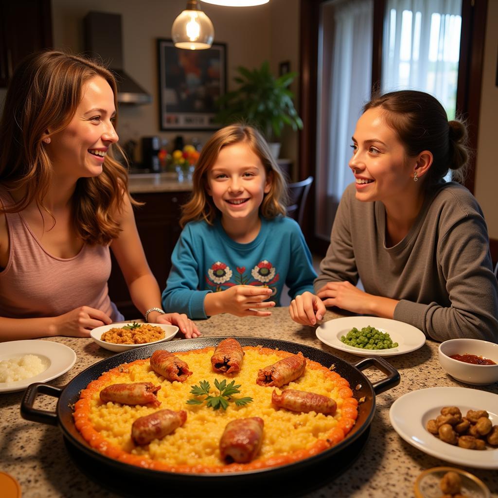 A family enjoying a traditional Spanish meal together around a table filled with delicious food